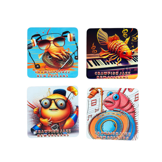 Four colorful coasters featuring cartoon crawfish characters with musical instruments and New Orleans-themed text.