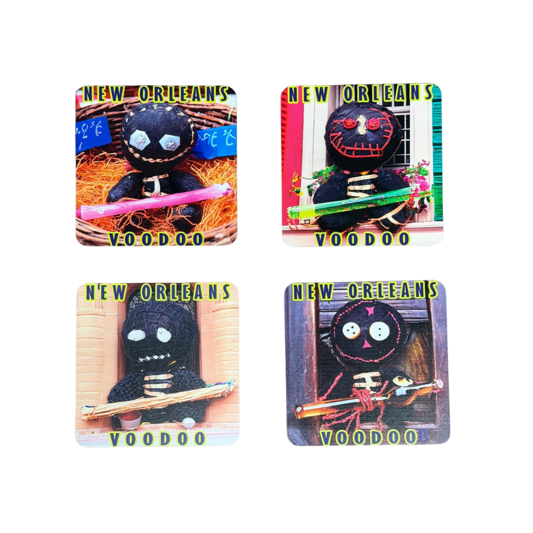 Four New Orleans-themed Voodoo dolls on colorful cards with a white background.