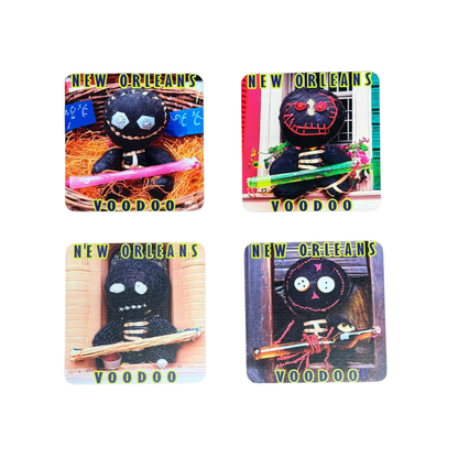 Four New Orleans-themed Voodoo dolls on colorful cards with a white background.